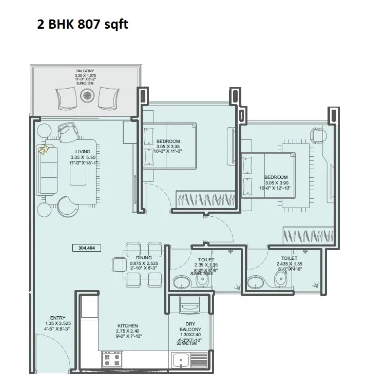 Kundan Espacio Unit plan - 807 sq.ft.
